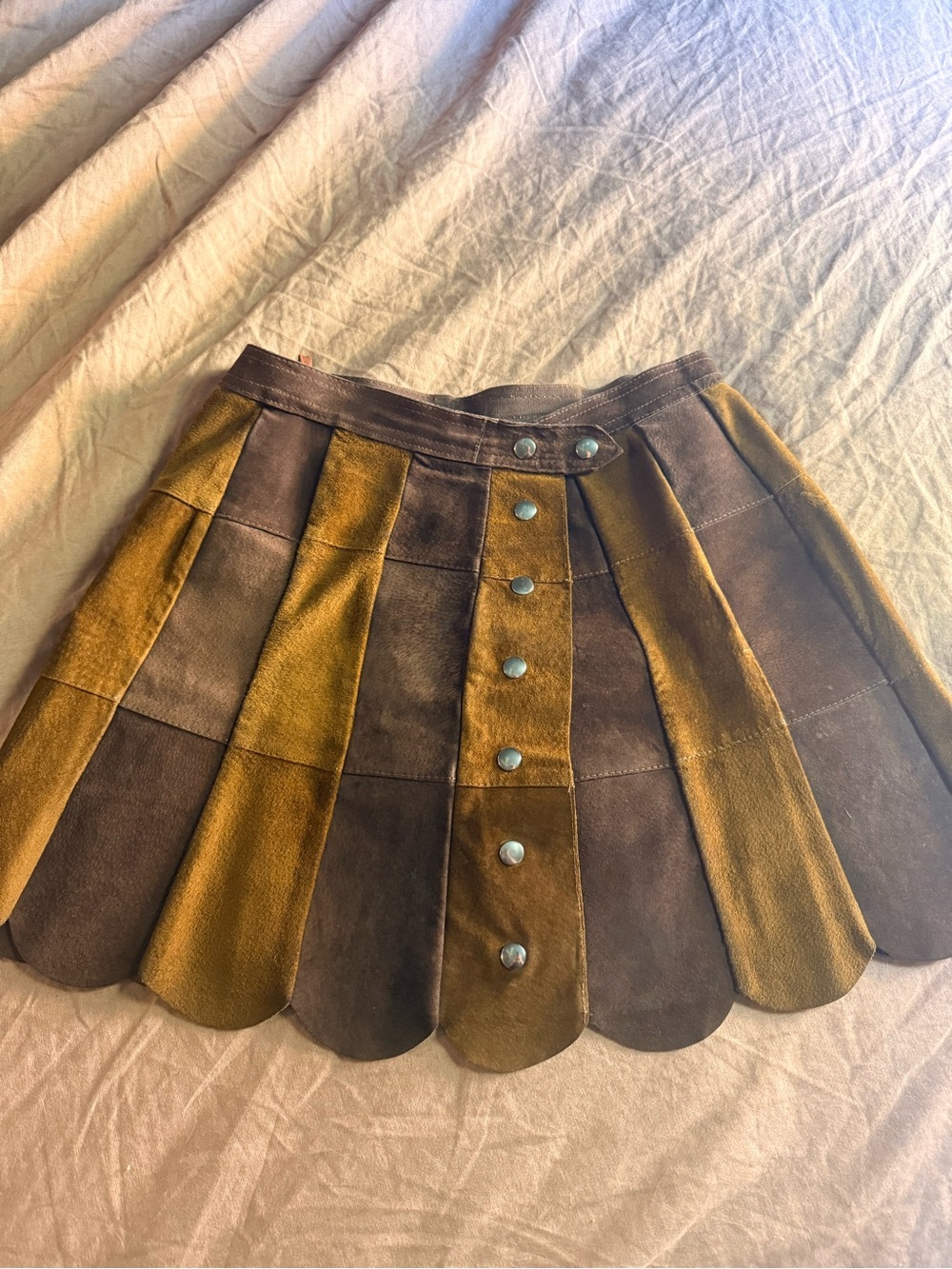 Brown & Mustard Suede Panel Button-Front Vintage Skirt